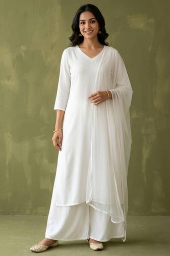 White rayon kurta set with dupatta
