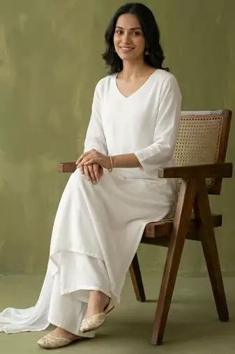 White rayon kurta set with dupatta