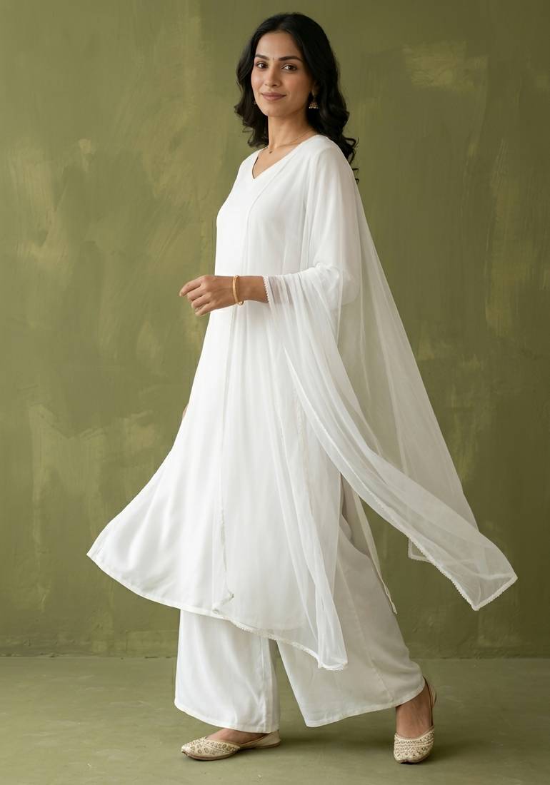 White rayon kurta set with dupatta