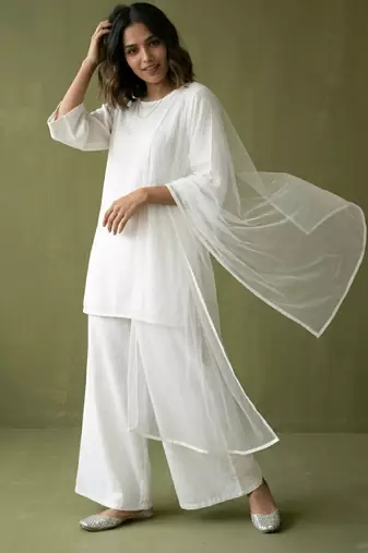 White rayon kurta set with dupatta