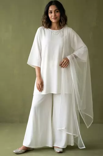White rayon kurta set with dupatta