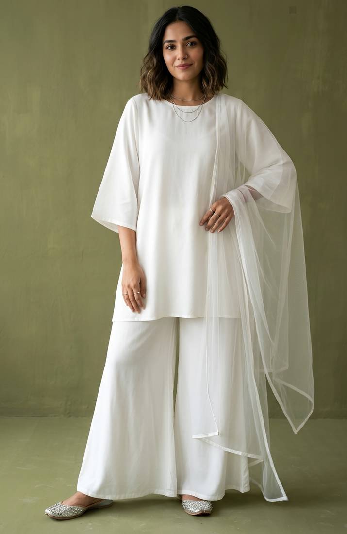 White rayon kurta set with dupatta