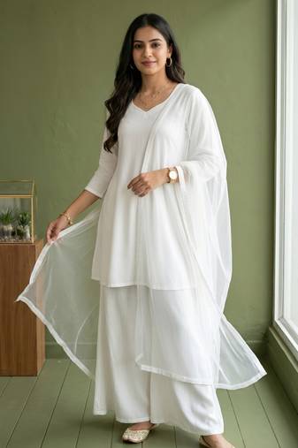 White rayon kurta set with dupatta