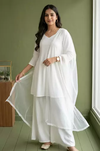White rayon kurta set with dupatta
