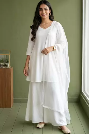 White rayon kurta set with dupatta