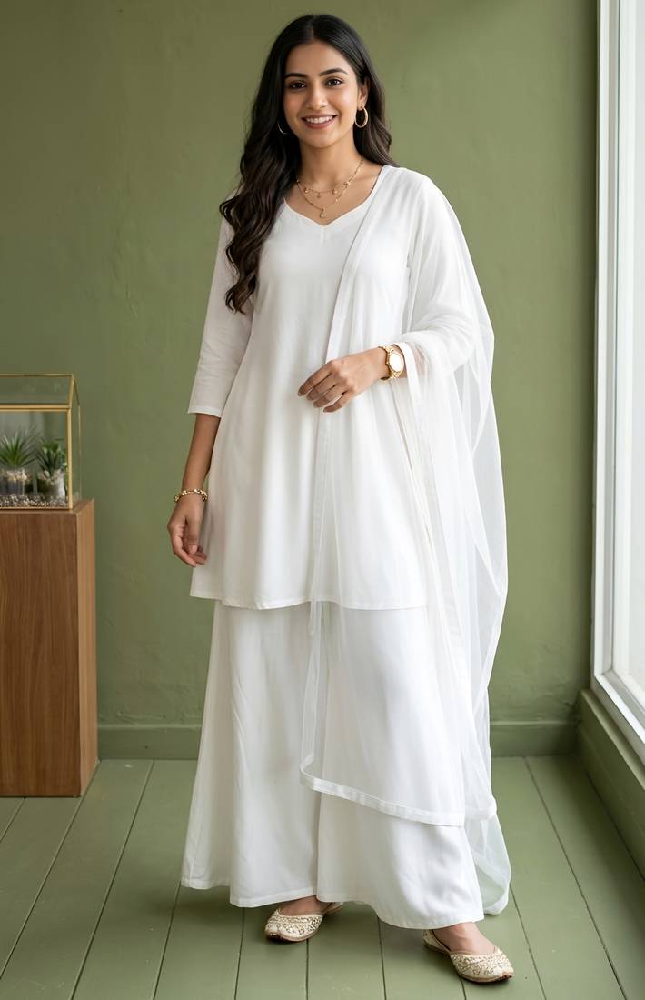 White rayon kurta set with dupatta