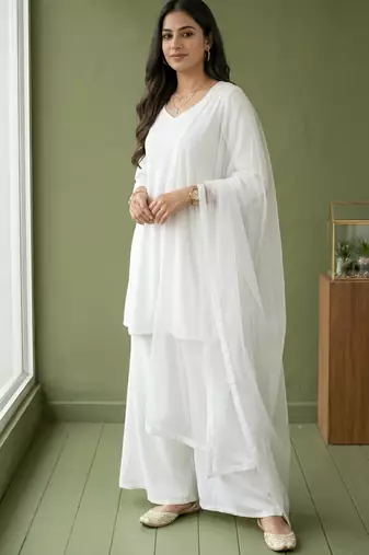 White rayon kurta set with dupatta