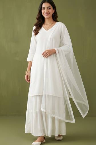 White rayon kurta set with dupatta