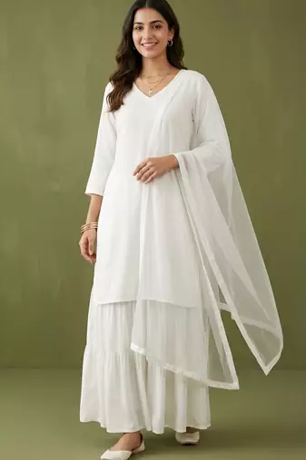 White rayon kurta set with dupatta