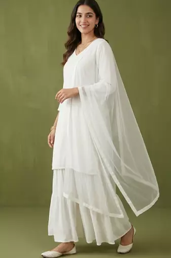 White rayon kurta set with dupatta
