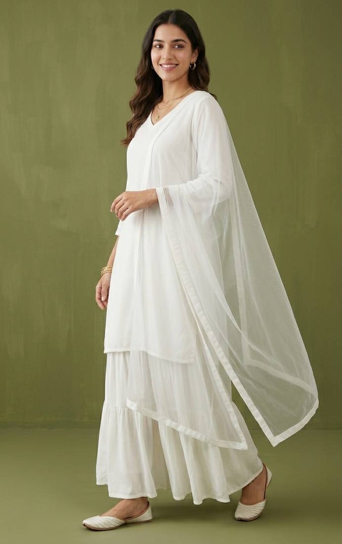 White rayon kurta set with dupatta