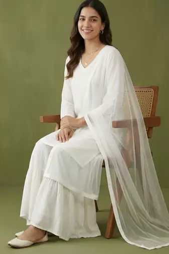 White rayon kurta set with dupatta