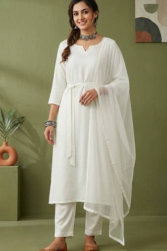White rayon kurta set with dupatta