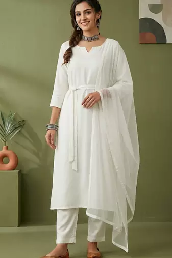 White rayon kurta set with dupatta