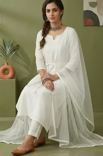 White rayon kurta set with dupatta
