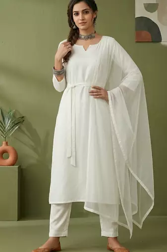 White rayon kurta set with dupatta
