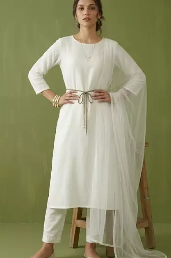 White rayon kurta set with dupatta