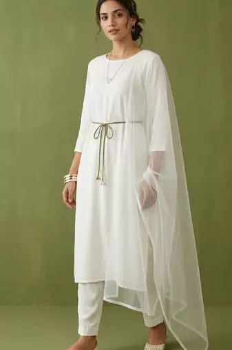 White rayon kurta set with dupatta