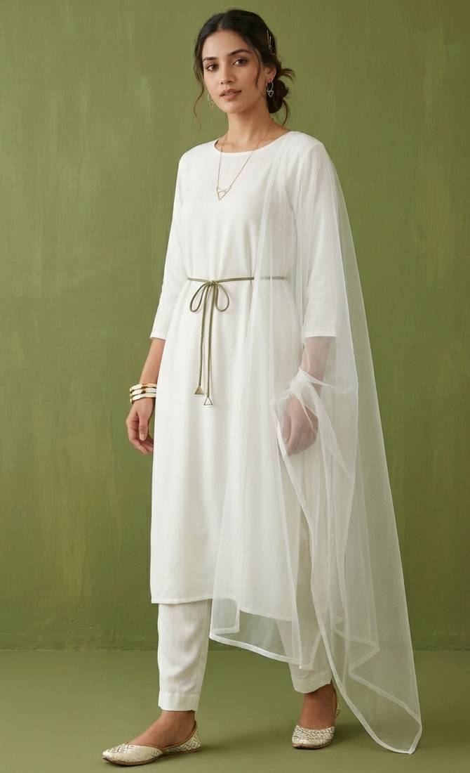 White rayon kurta set with dupatta