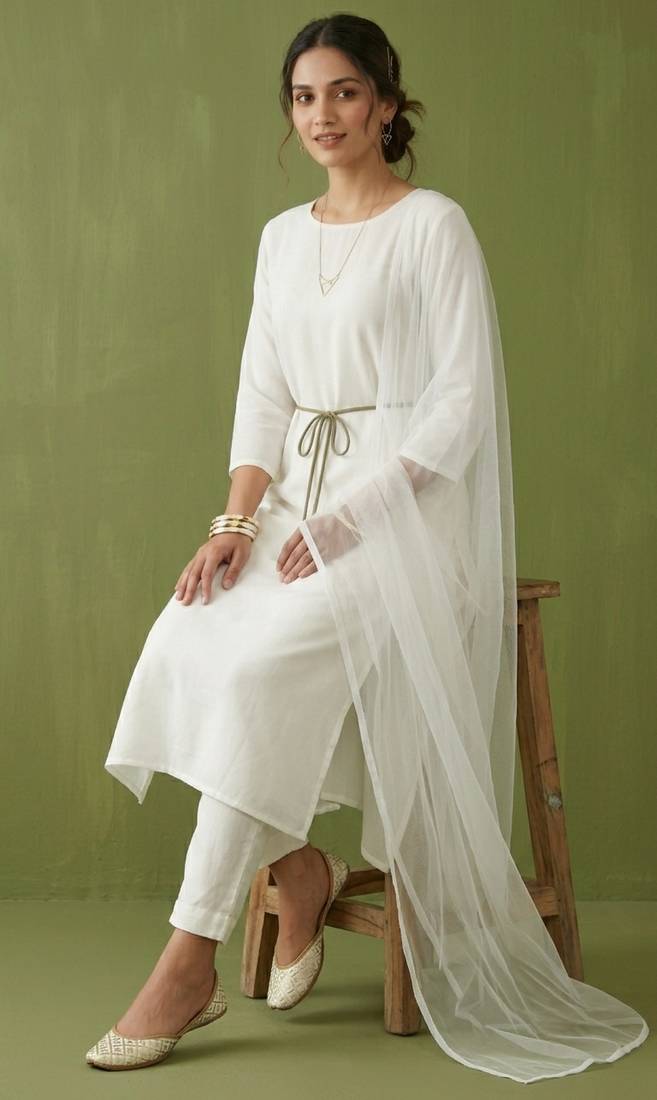 White rayon kurta set with dupatta