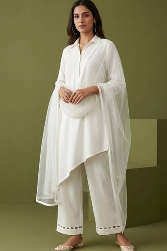 White rayon kurta set with dupatta