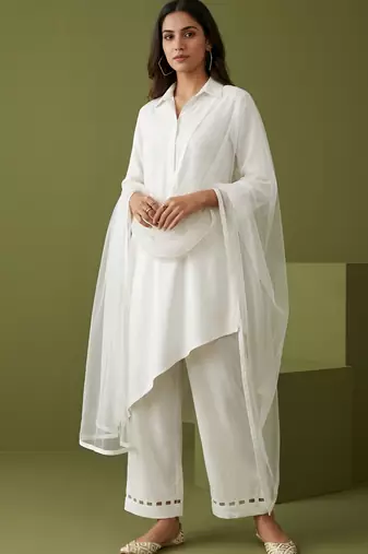 White rayon kurta set with dupatta
