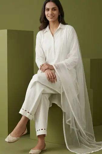 White rayon kurta set with dupatta