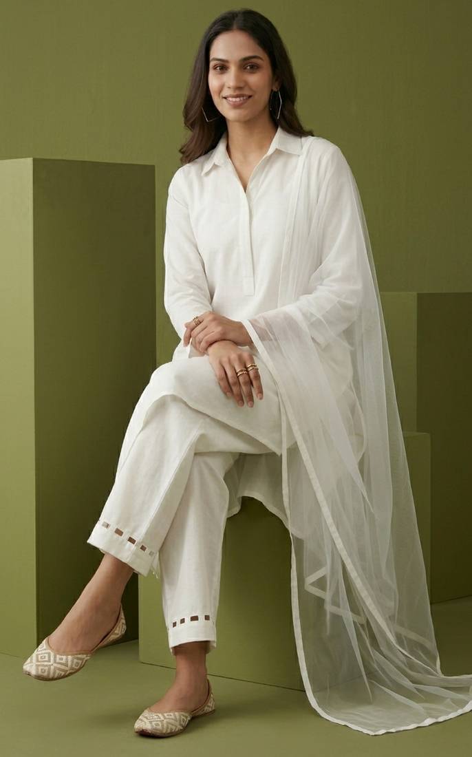 White rayon kurta set with dupatta