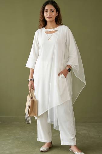 White rayon kurta set with dupatta
