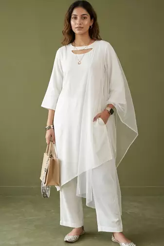 White rayon kurta set with dupatta