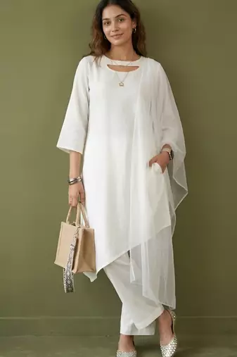 White rayon kurta set with dupatta