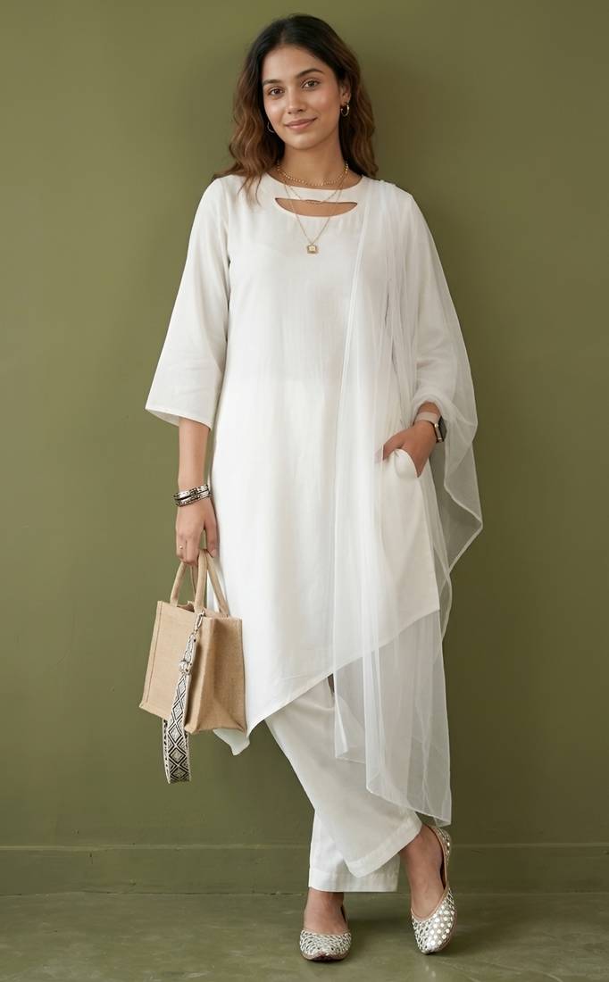 White rayon kurta set with dupatta