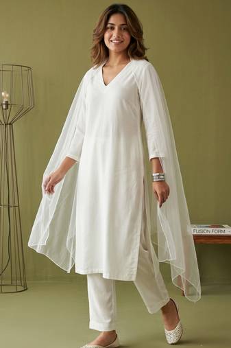 White rayon kurta set with dupatta