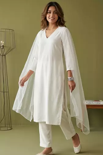 White rayon kurta set with dupatta