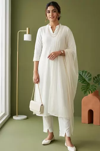 White rayon kurta set with dupatta