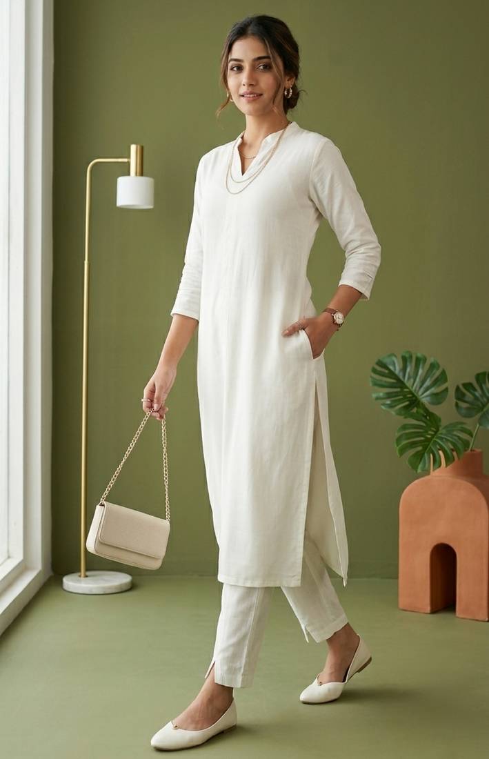 White rayon kurta set with dupatta