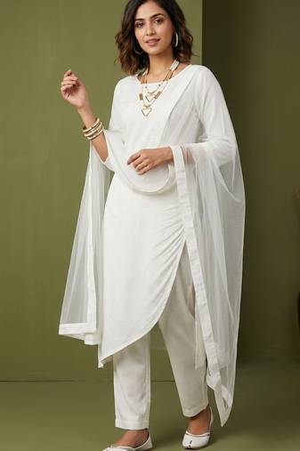 White rayon kurta set with dupatta