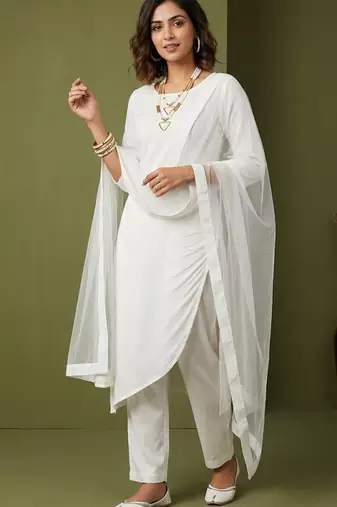 White rayon kurta set with dupatta