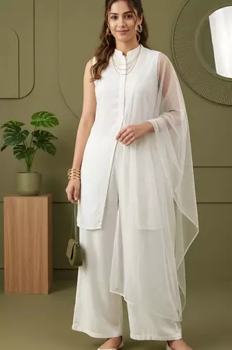 White rayon kurta set with dupatta