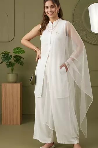 White rayon kurta set with dupatta