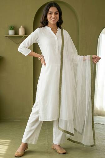 White rayon kurta set with dupatta