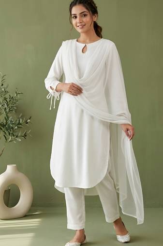 White rayon kurta set with dupatta