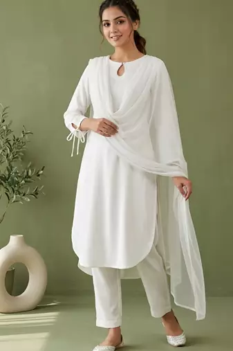 White rayon kurta set with dupatta