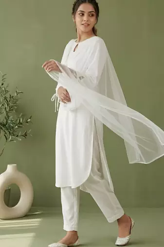 White rayon kurta set with dupatta