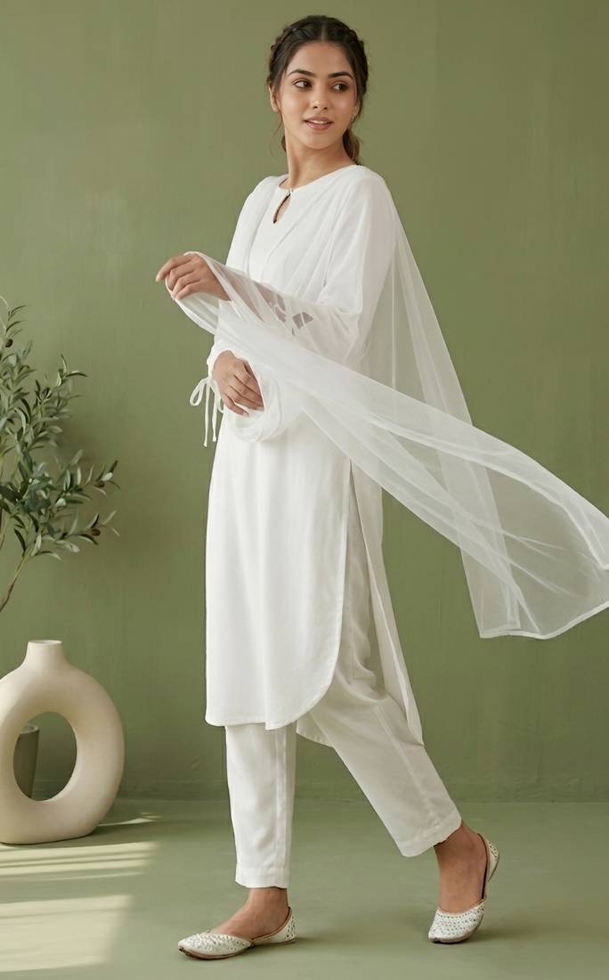 White rayon kurta set with dupatta