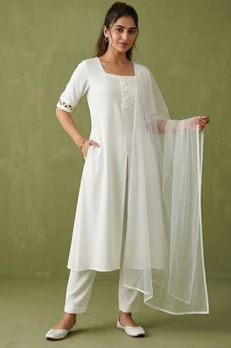 White rayon kurta set with dupatta