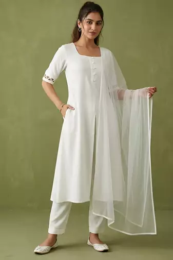 White rayon kurta set with dupatta