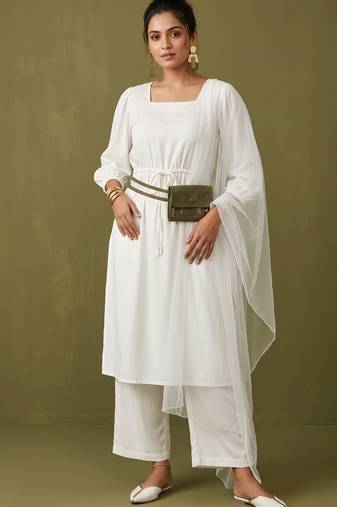 White rayon kurta set with dupatta
