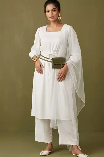 White rayon kurta set with dupatta