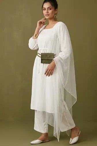 White rayon kurta set with dupatta